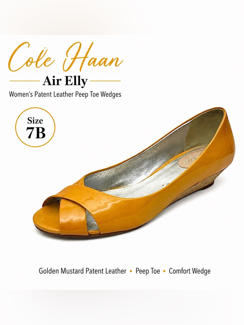 Cole Haan Air Elly Women’s Golden Mustard Patent Leather Peep Toe Wedges Size 7B